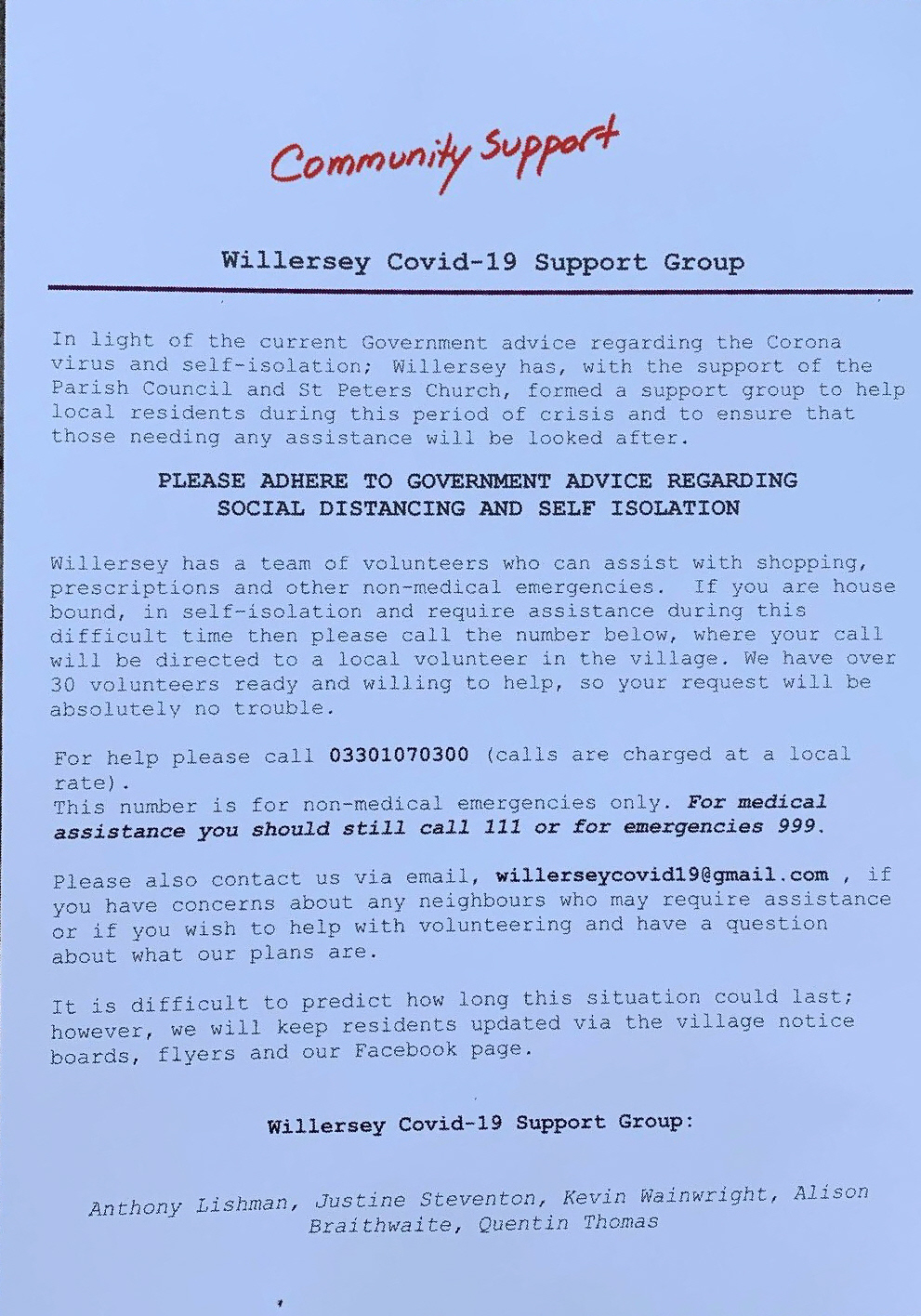 Willersey Covid-19 Support Group Flyer 1